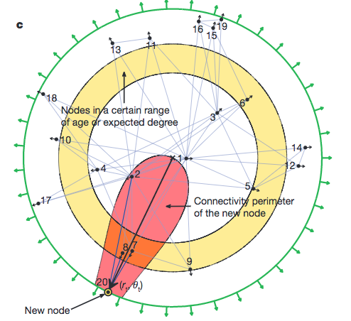 Illustration of the disc model. The radial coordinate measure the creation time of the node, while the angular distance measures the similarity. The shaded region is the a region enclosed by a equal distance line. Papadopoulos et al (2012).