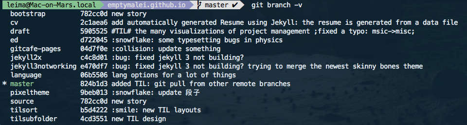 git branch -v lists the last commits of each branches.